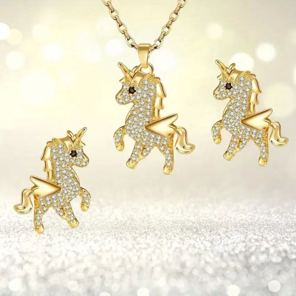3pc Gold Toned Fashion Exquisite Unicorn Necklace Earrings Set w Accents